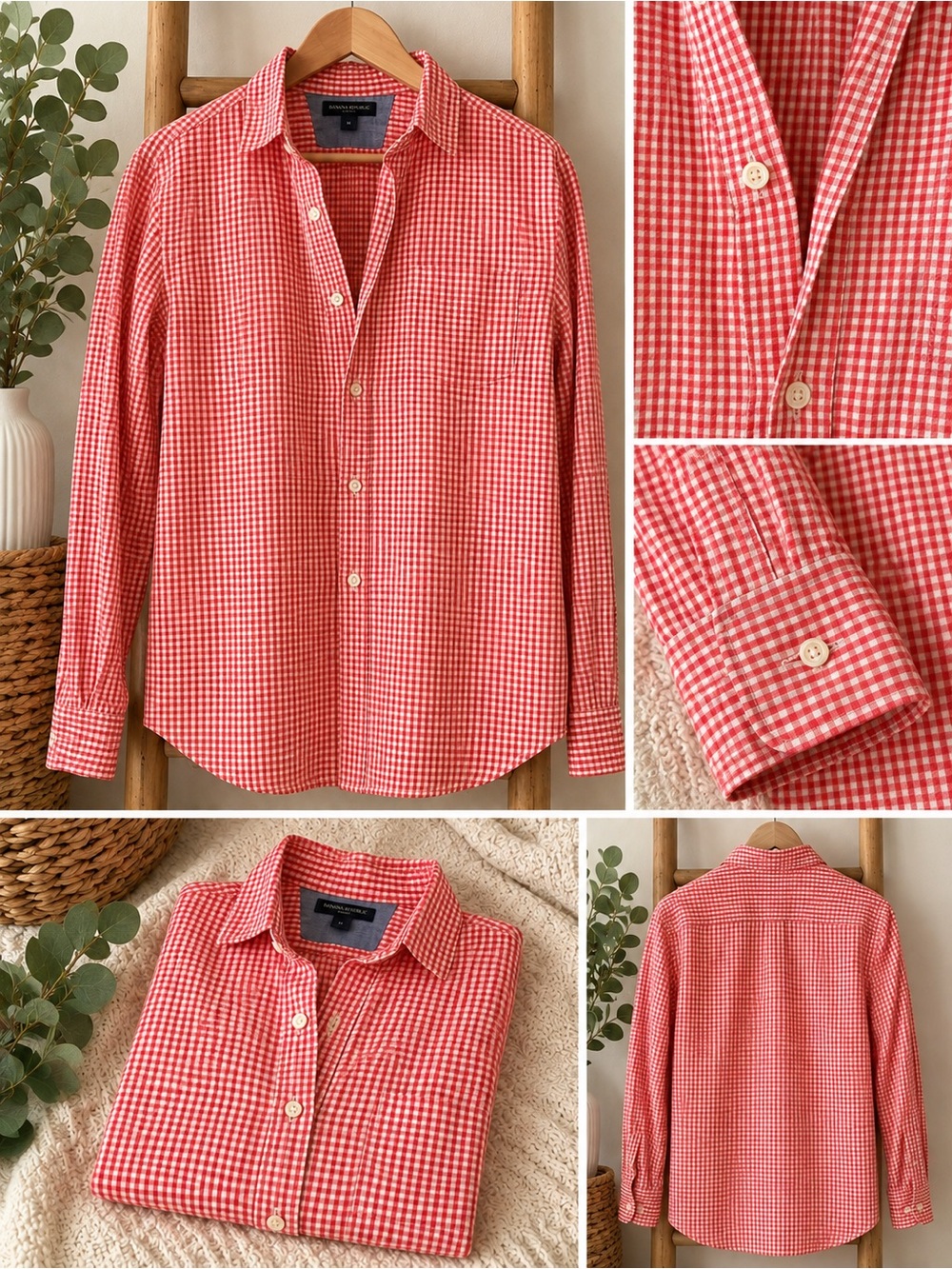 Banana Republic Red Gingham Cotton Button-Down Shirt, size large